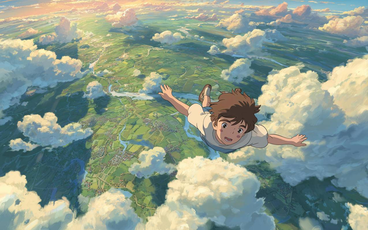 天空 云层 少年飞行飞翔 绿色大地 4K动漫壁纸 3840x2400
