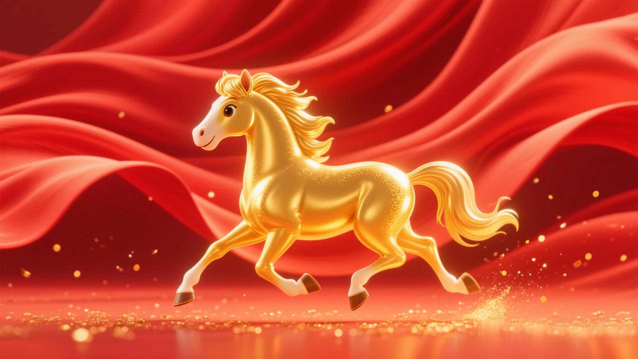 2026年马年图片 金色的马 红色喜庆背景 4K壁纸 3840x2160