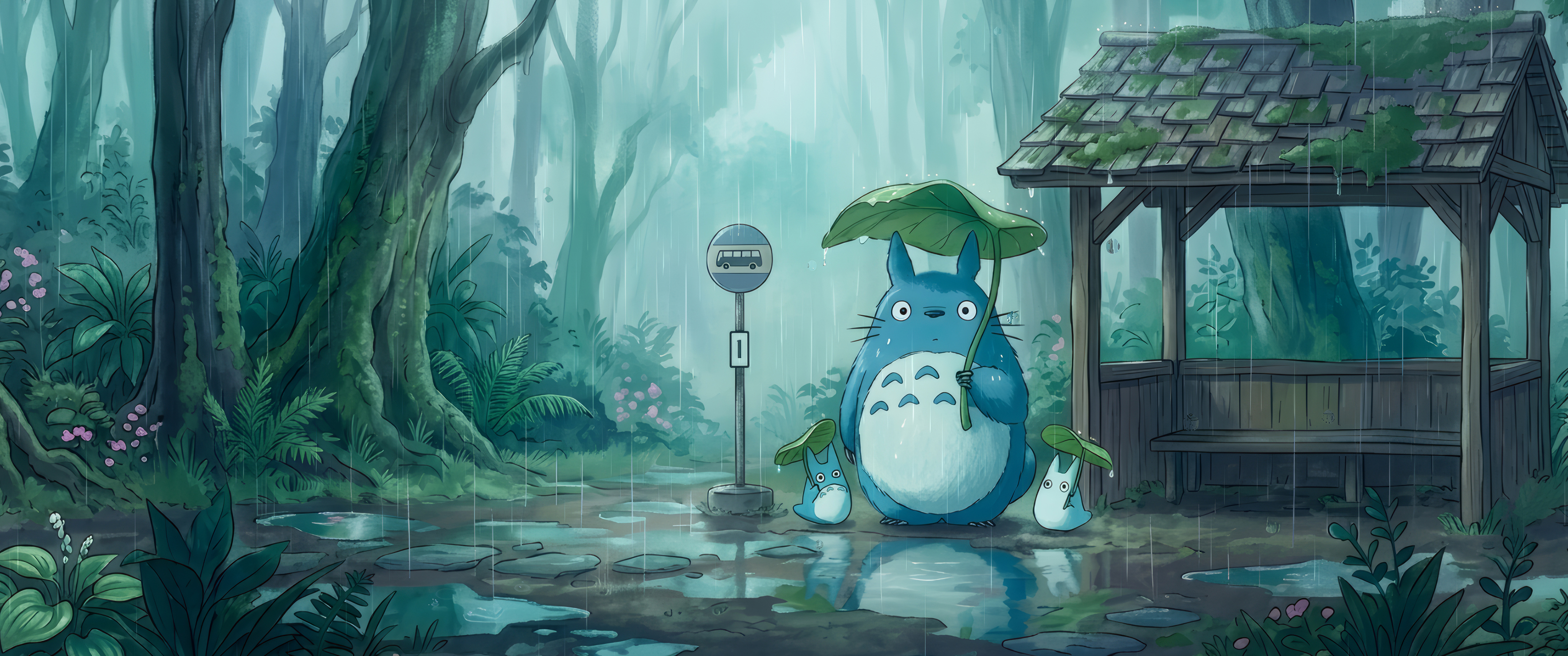 雨天,龙猫撑荷叶,公交车,小站,带鱼屏高清壁纸3440x1440