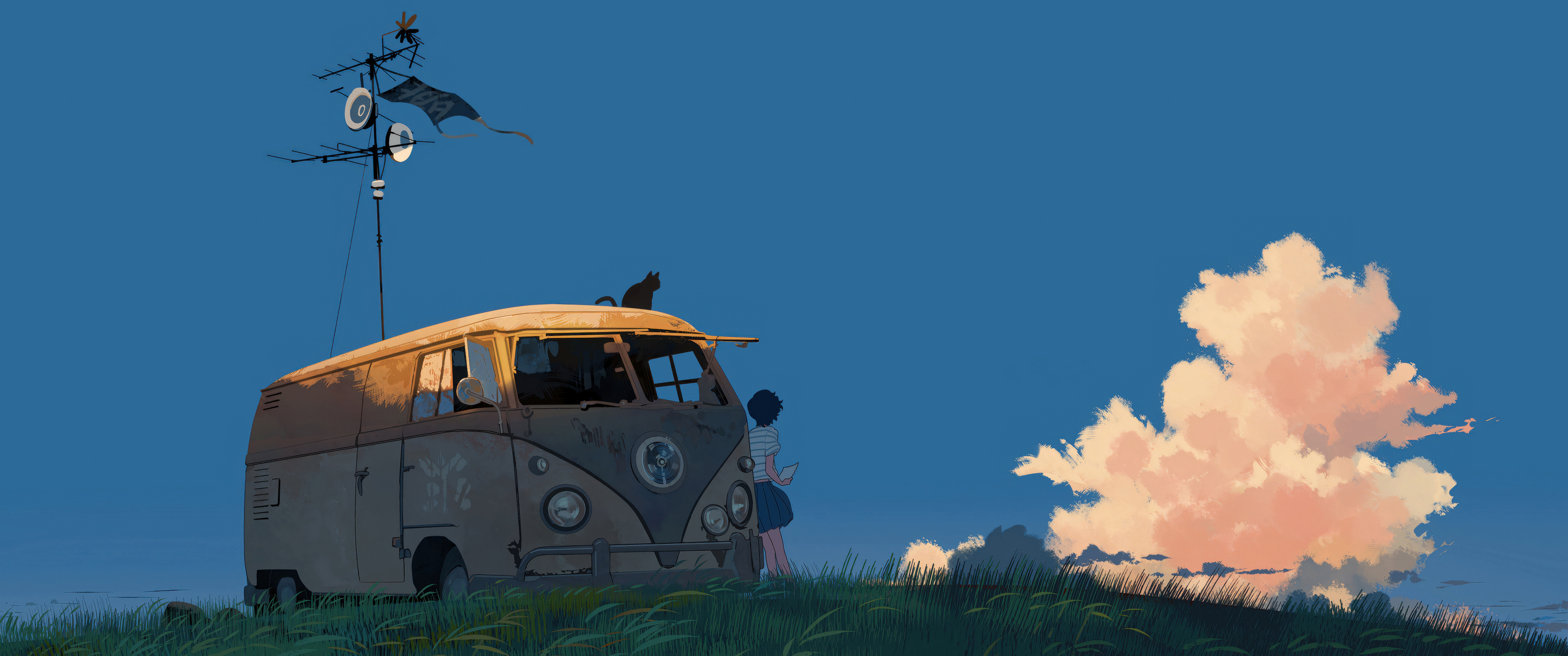 女信,天空,云,汽车,草地,3440x1440带鱼屏壁纸,动漫风景