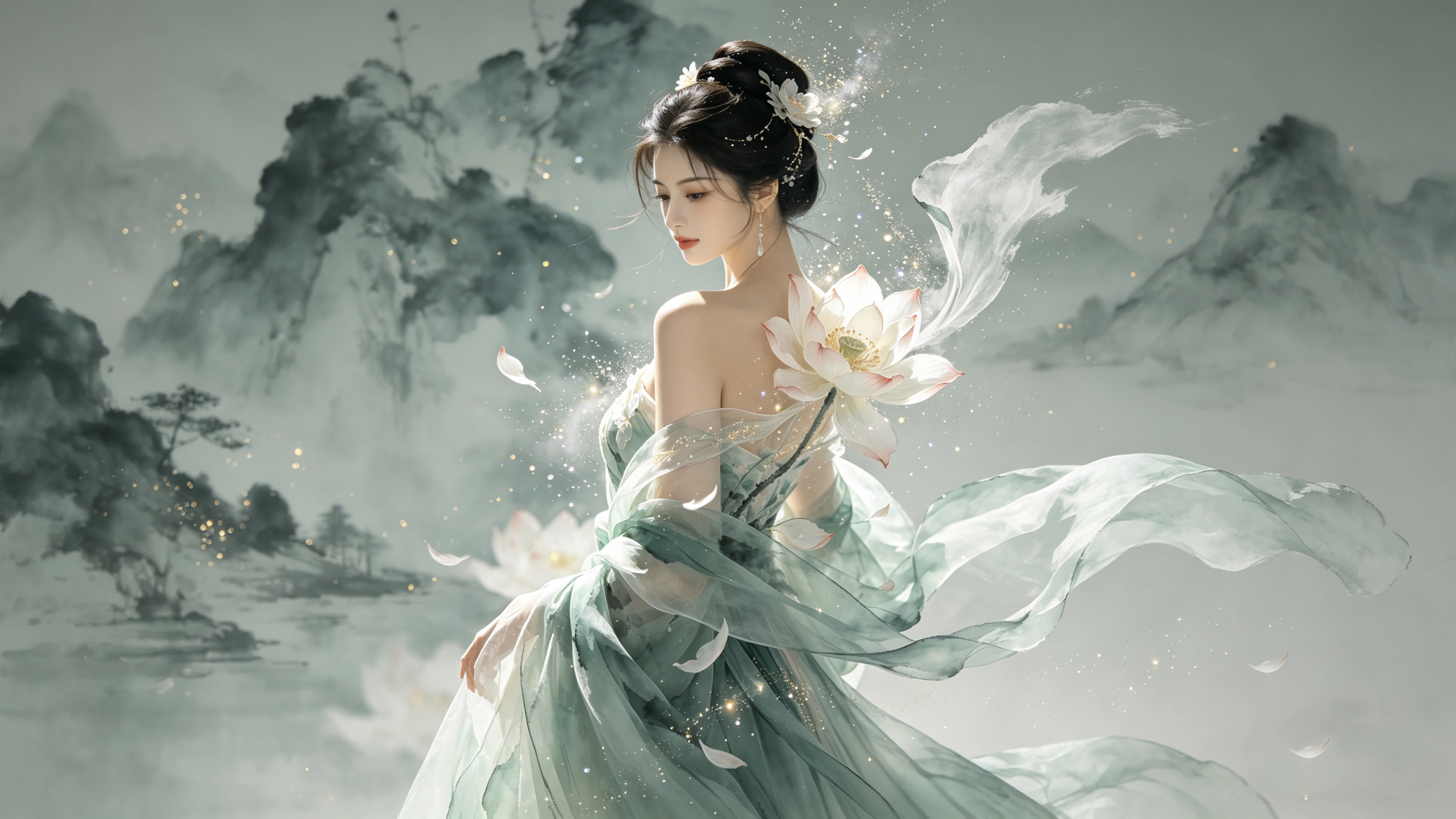 古风美女,荷花,水墨风山水画,车机桌面壁纸